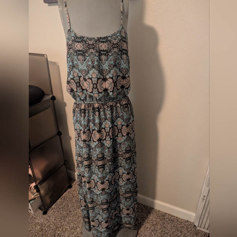 Pink Rose Blue and Cream Maxi Dress